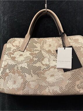 Vittoria Napoli Gold and Beige leather Satchel with crossbody straps
